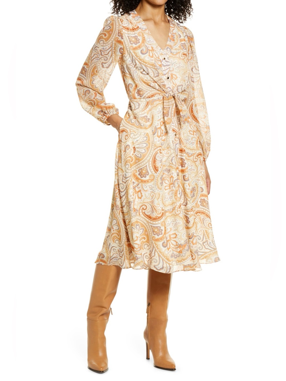 Julia Jordan 2 Paisley Tie Front Midi Dress Boho Long Sleeve Button A-Line